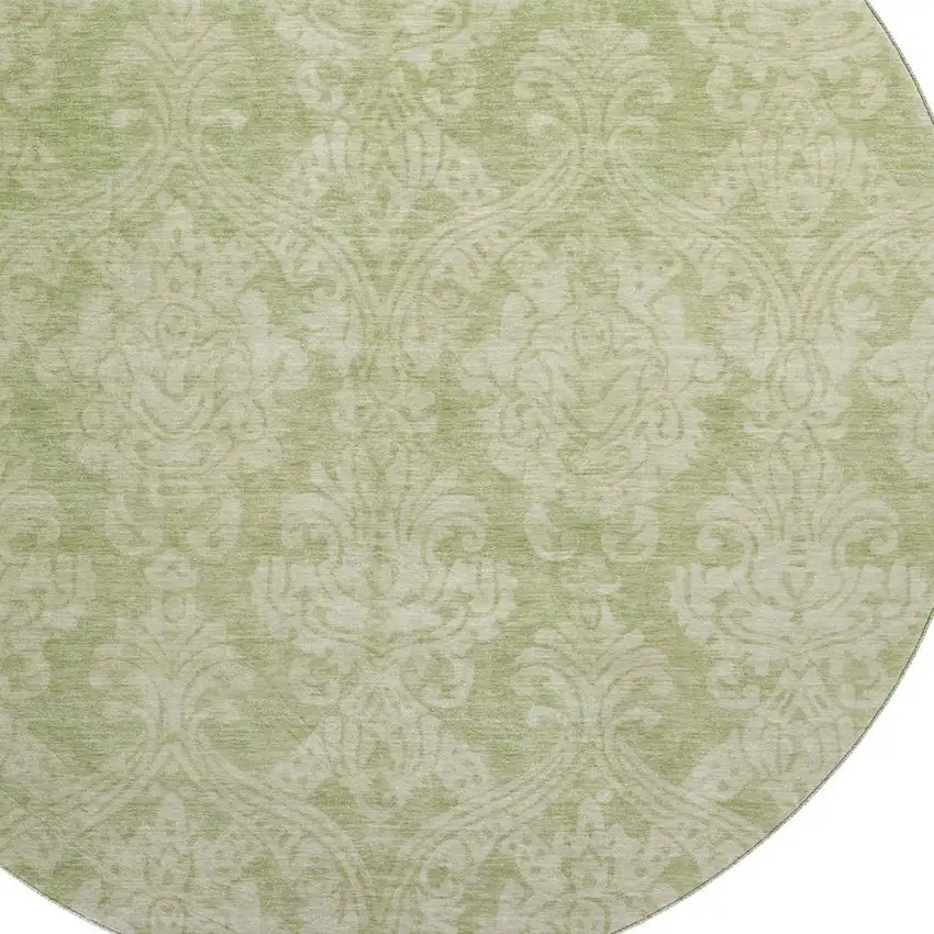 8' Artichoke Green Beige And Ivory Damask Washable Round Rug With UV Protection Photo 2