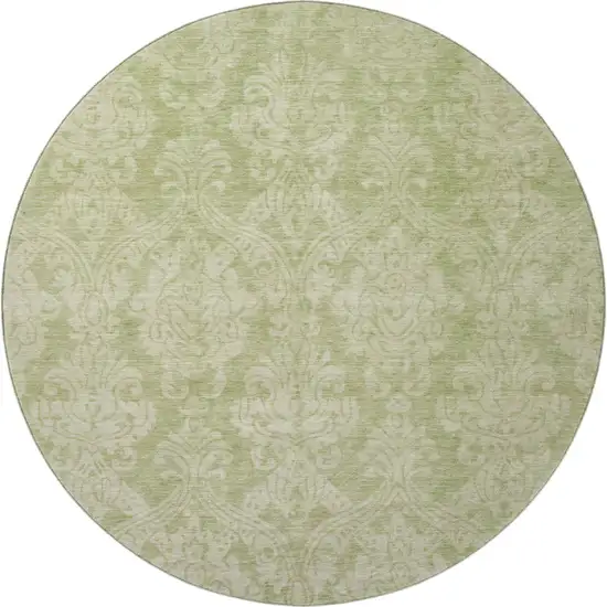 8' Artichoke Green Beige And Ivory Damask Washable Round Rug With UV Protection Photo 3