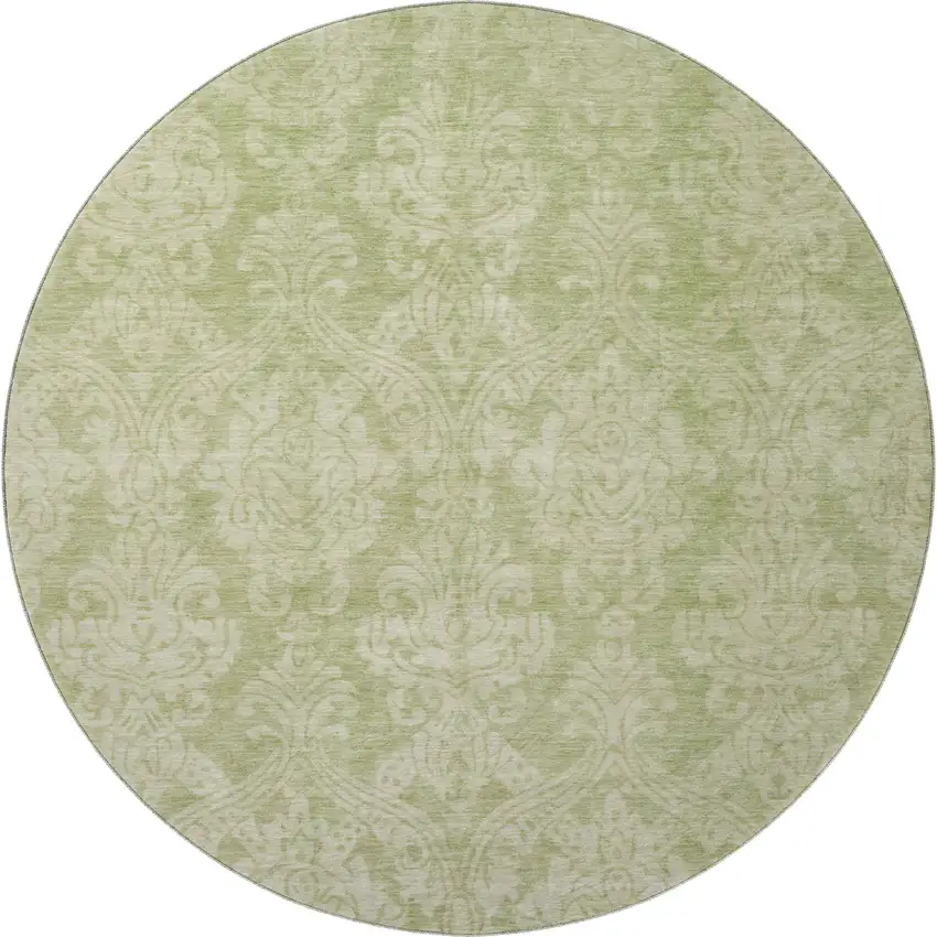 8' Artichoke Green Beige And Ivory Damask Washable Round Rug With UV Protection Photo 3