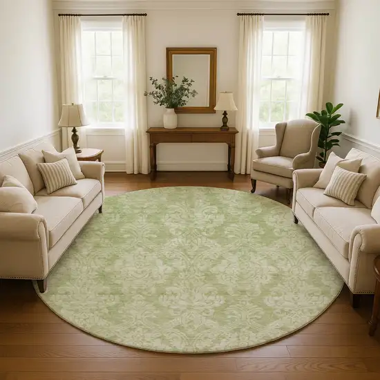 8' Artichoke Green Beige And Ivory Damask Washable Round Rug With UV Protection Photo 4