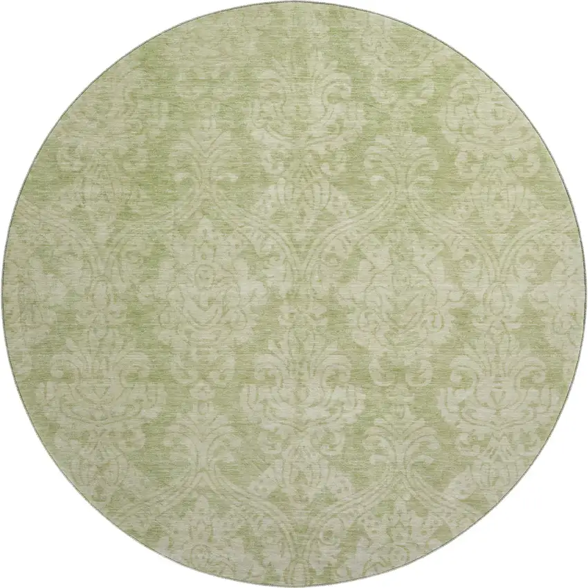 8' Artichoke Green Beige And Ivory Damask Washable Round Rug With UV Protection Photo 1