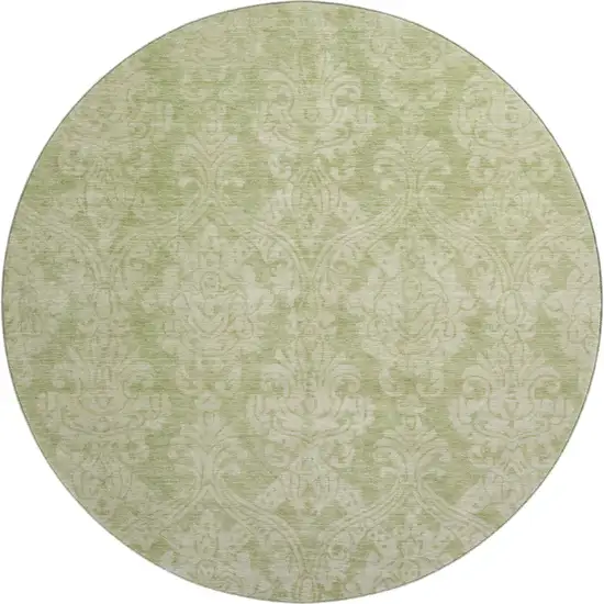 8' Artichoke Green Beige And Ivory Damask Washable Round Rug With UV Protection Photo 1