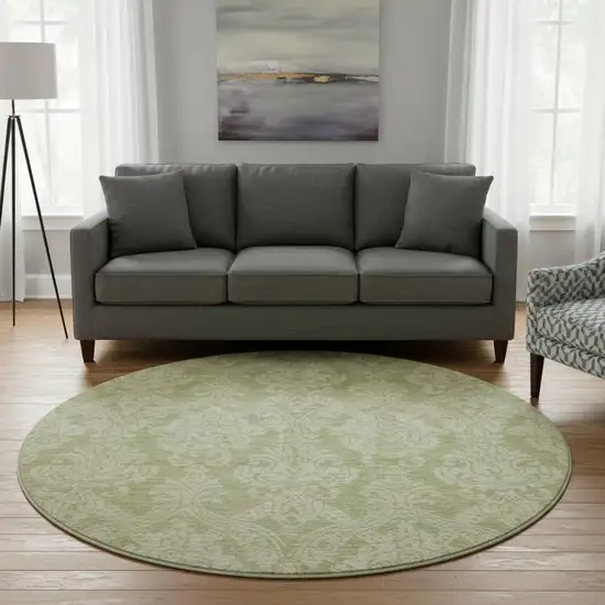 8' Artichoke Green Beige And Ivory Damask Washable Round Rug With UV Protection Photo 2