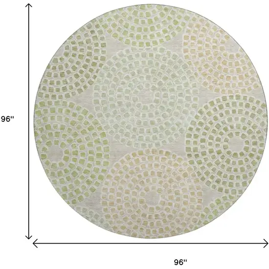 8' Artichoke Green Beige And Ivory Geometric Washable Round Rug With UV Protection Photo 8