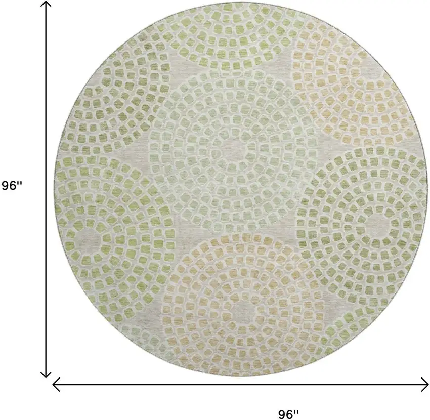 8' Artichoke Green Beige And Ivory Geometric Washable Round Rug With UV Protection Photo 8