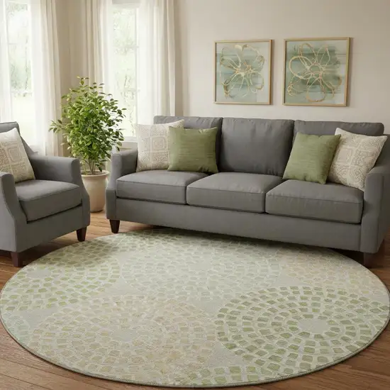 8' Artichoke Green Beige And Ivory Geometric Washable Round Rug With UV Protection Photo 1
