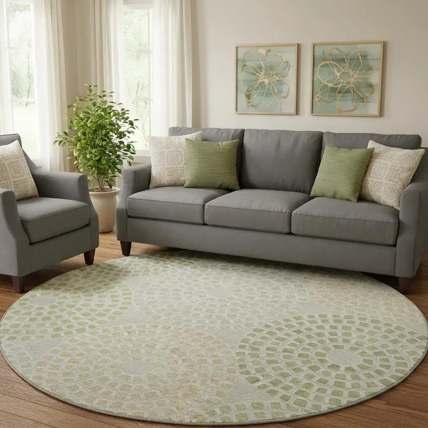 8' Artichoke Green Beige And Ivory Geometric Washable Round Rug With UV Protection Photo 1