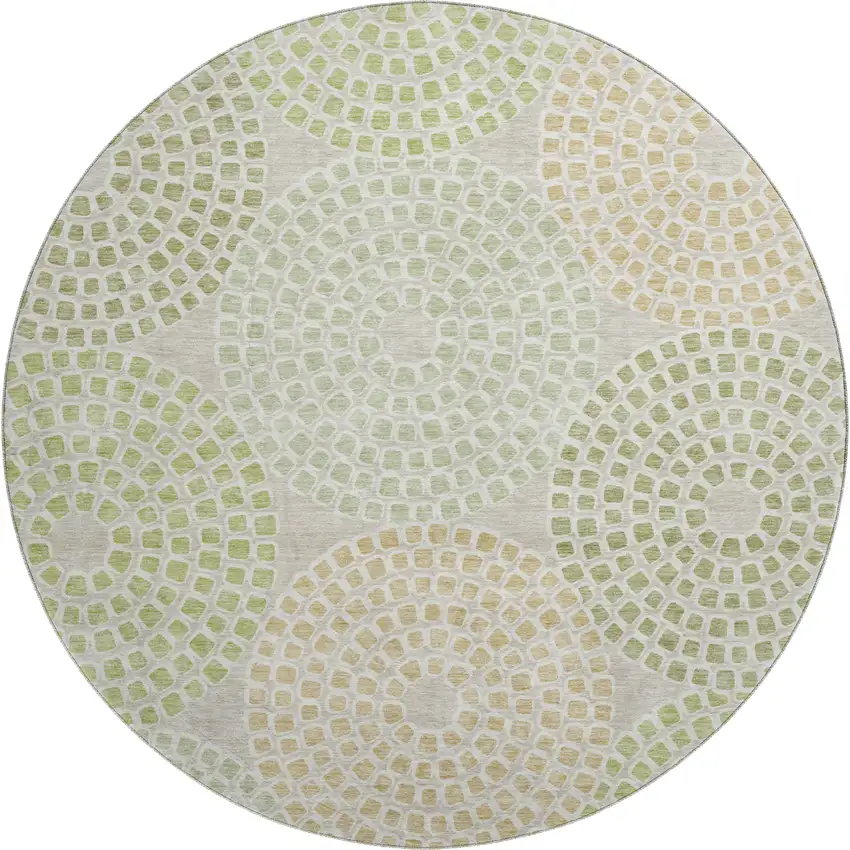 8' Artichoke Green Beige And Ivory Geometric Washable Round Rug With UV Protection Photo 1