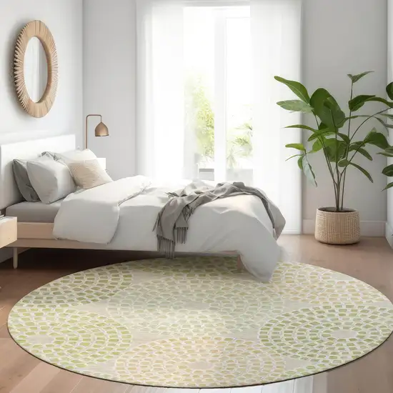 8' Artichoke Green Beige And Ivory Geometric Washable Round Rug With UV Protection Photo 5