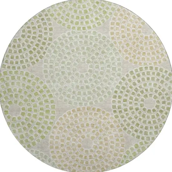 8' Artichoke Green Beige And Ivory Geometric Washable Round Rug With UV Protection Photo 4