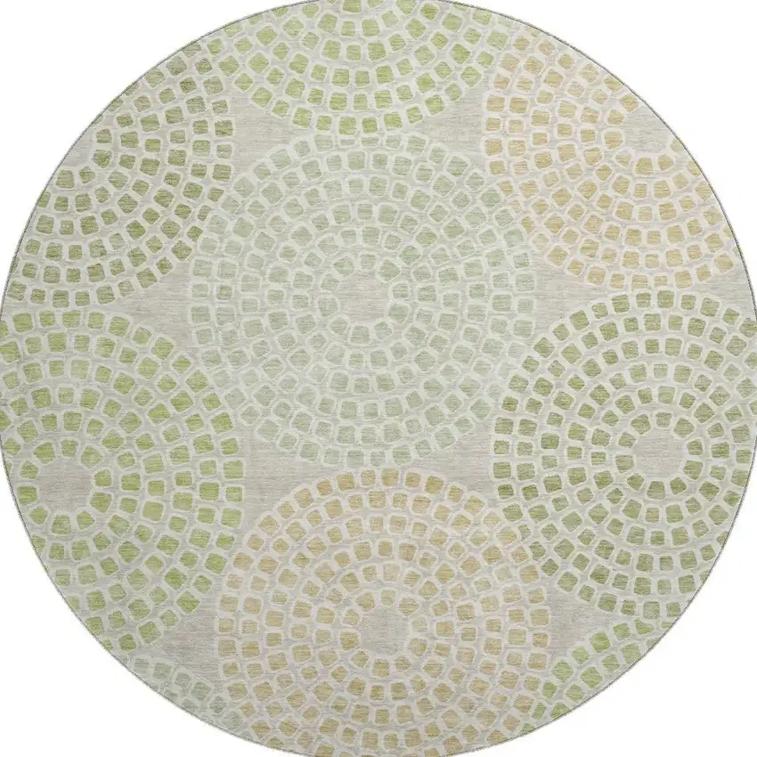 8' Artichoke Green Beige And Ivory Geometric Washable Round Rug With UV Protection Photo 4