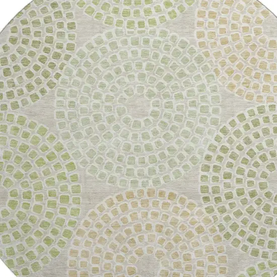 8' Artichoke Green Beige And Ivory Geometric Washable Round Rug With UV Protection Photo 3