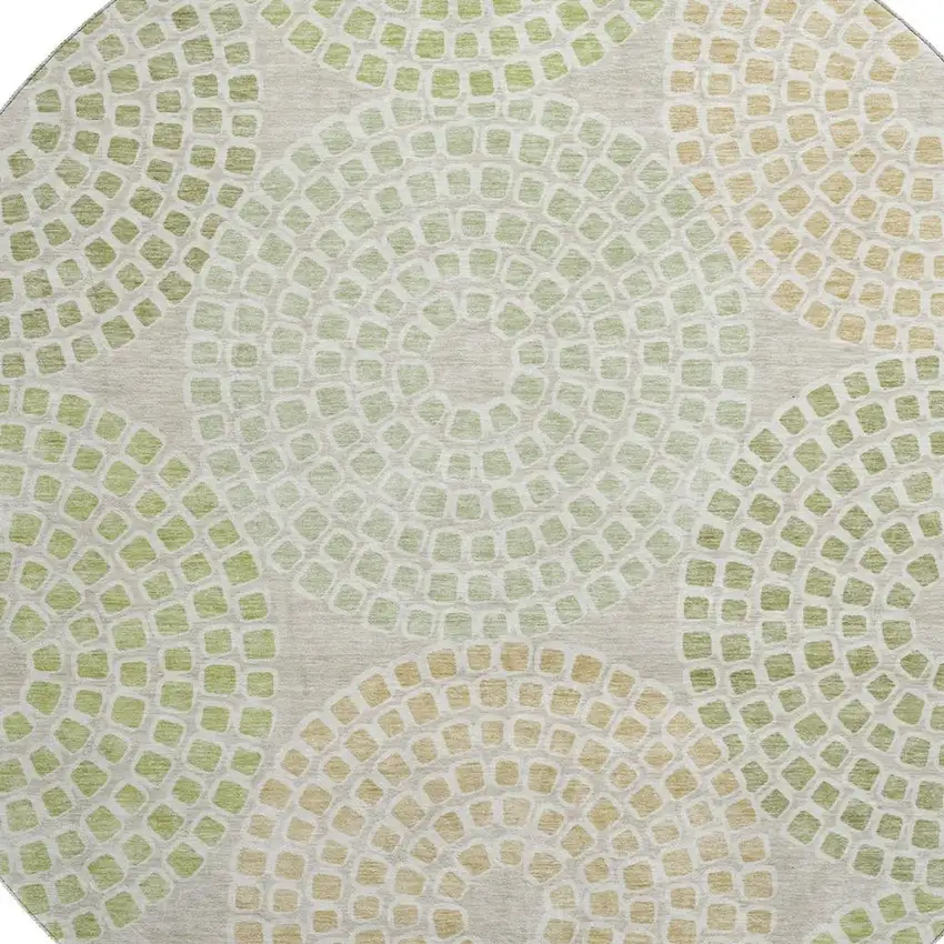 8' Artichoke Green Beige And Ivory Geometric Washable Round Rug With UV Protection Photo 3