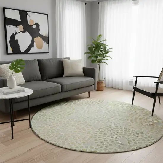 8' Artichoke Green Beige And Ivory Geometric Washable Round Rug With UV Protection Photo 2