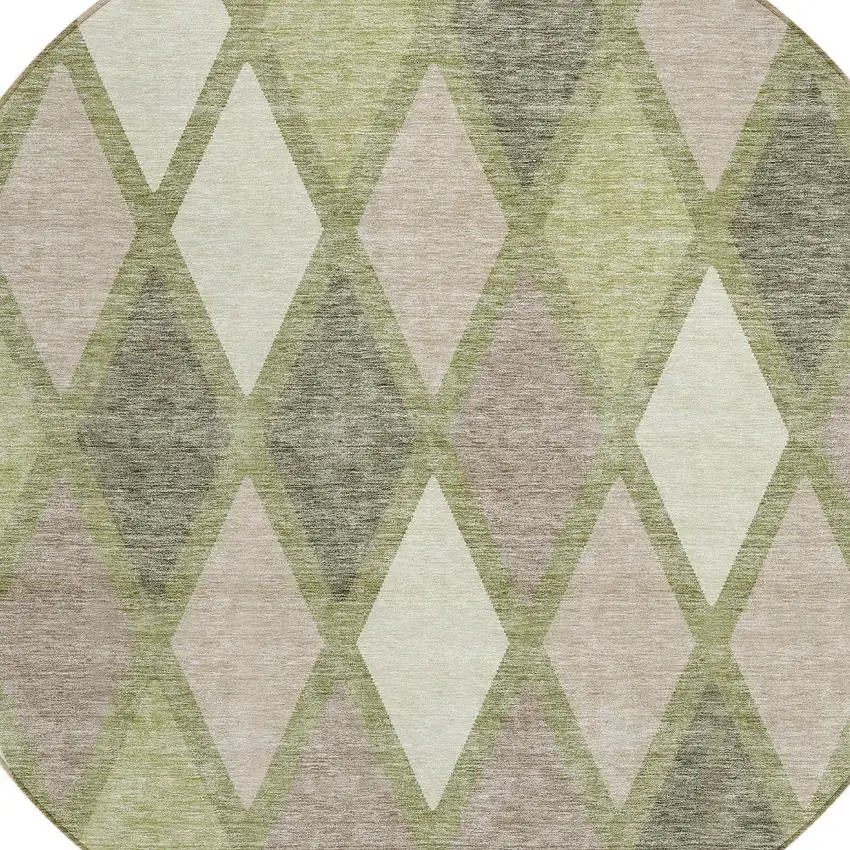 8' Artichoke Green Beige And Ivory Round Geometric Washable Indoor Outdoor Area Rug Photo 4
