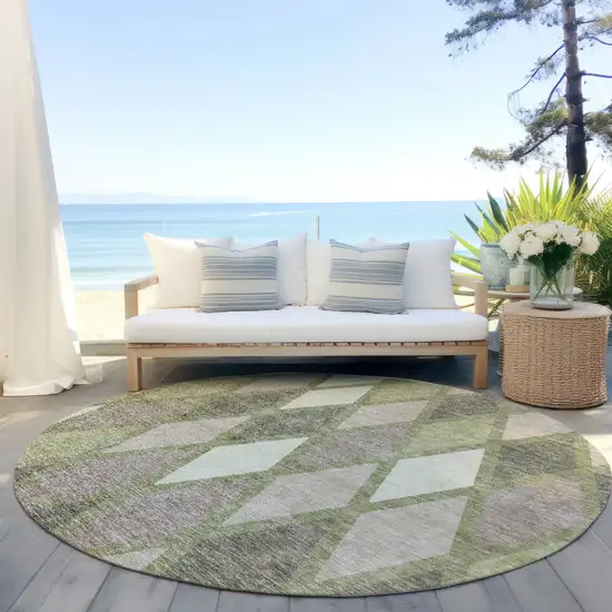8' Artichoke Green Beige And Ivory Round Geometric Washable Indoor Outdoor Area Rug Photo 6