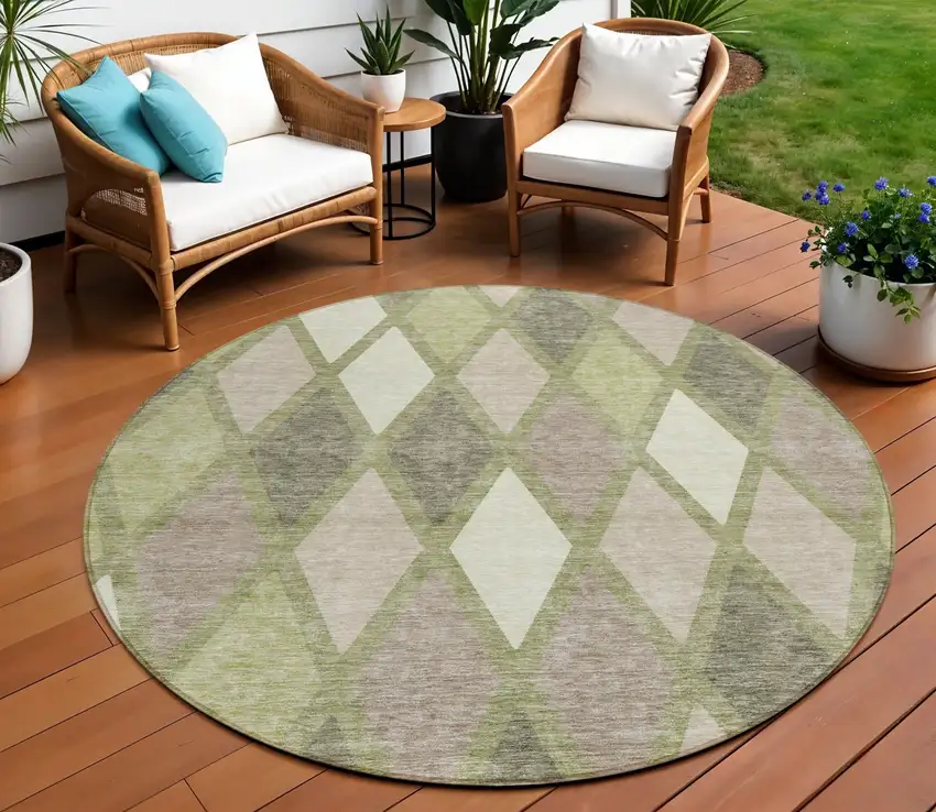 8' Artichoke Green Beige And Ivory Round Geometric Washable Indoor Outdoor Area Rug Photo 1