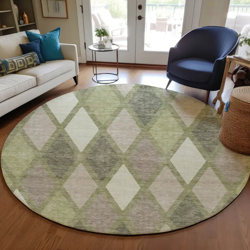 8' Artichoke Green Beige And Ivory Round Geometric Washable Indoor Outdoor Area Rug Photo 7