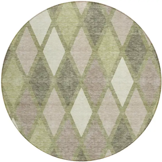 8' Artichoke Green Beige And Ivory Round Geometric Washable Indoor Outdoor Area Rug Photo 2