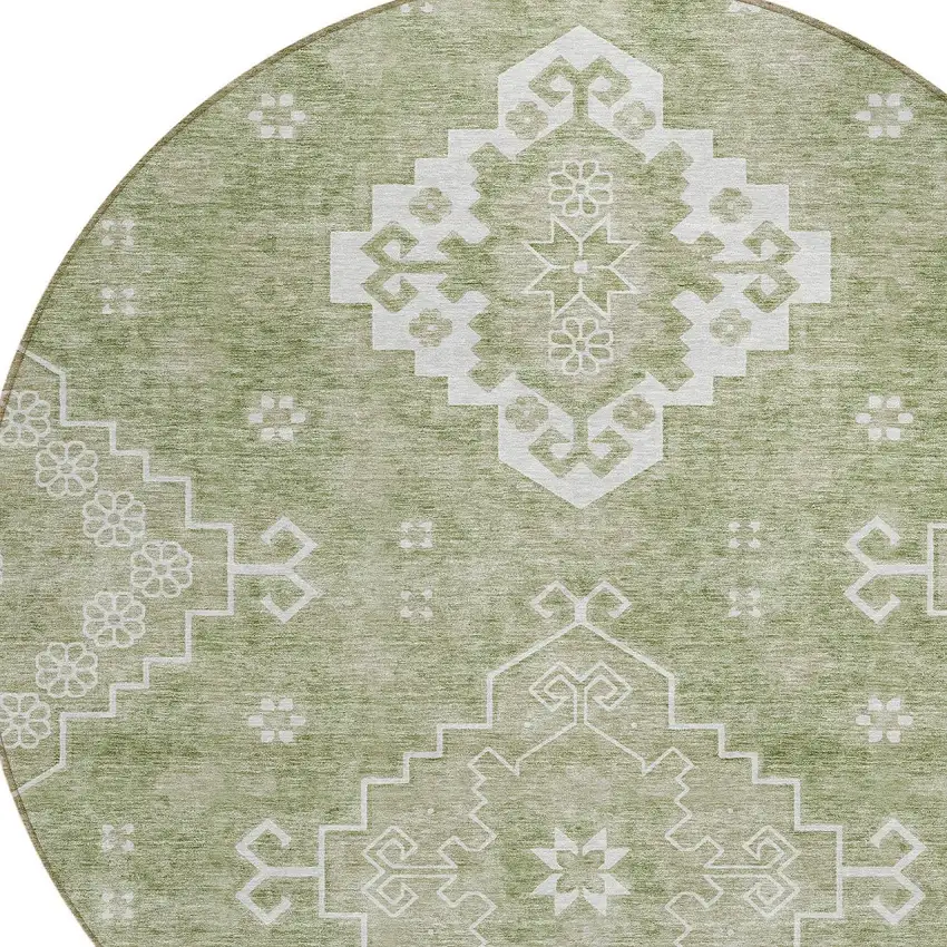 8' Artichoke Green Beige And Ivory Round Medallion Washable Indoor Outdoor Area Rug Photo 4