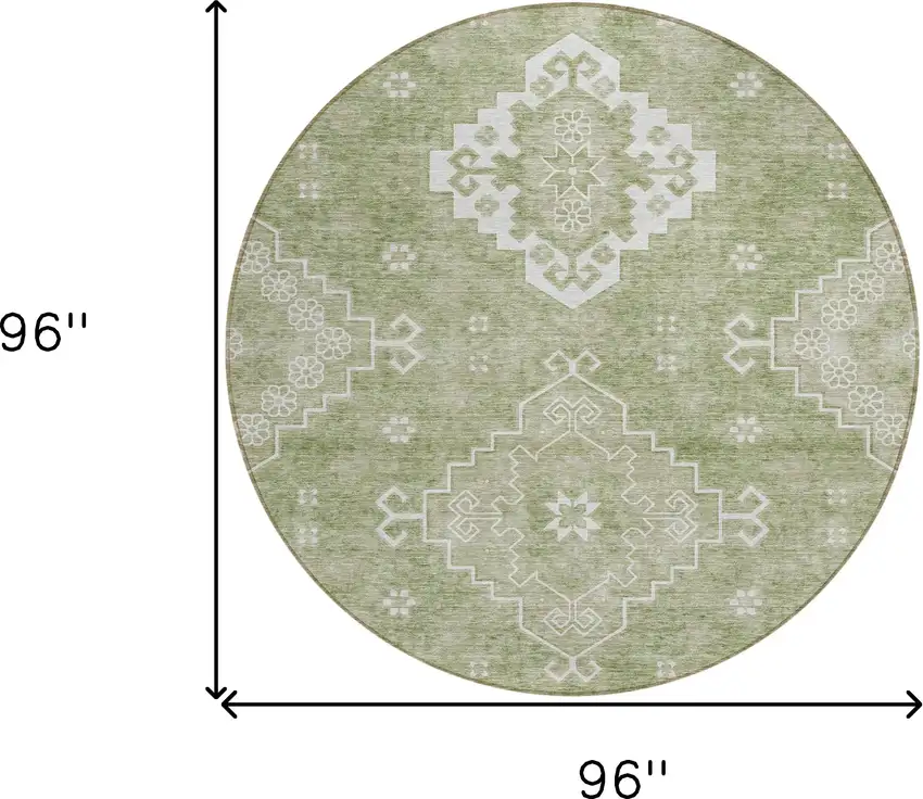 8' Artichoke Green Beige And Ivory Round Medallion Washable Indoor Outdoor Area Rug Photo 3