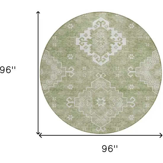 8' Artichoke Green Beige And Ivory Round Medallion Washable Indoor Outdoor Area Rug Photo 3