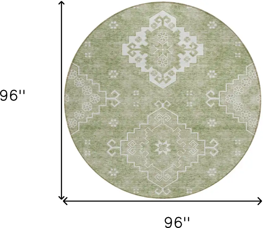 8' Artichoke Green Beige And Ivory Round Medallion Washable Indoor Outdoor Area Rug Photo 3