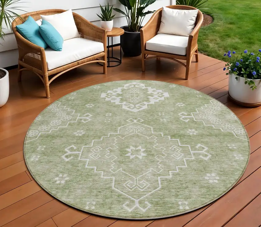 8' Artichoke Green Beige And Ivory Round Medallion Washable Indoor Outdoor Area Rug Photo 1