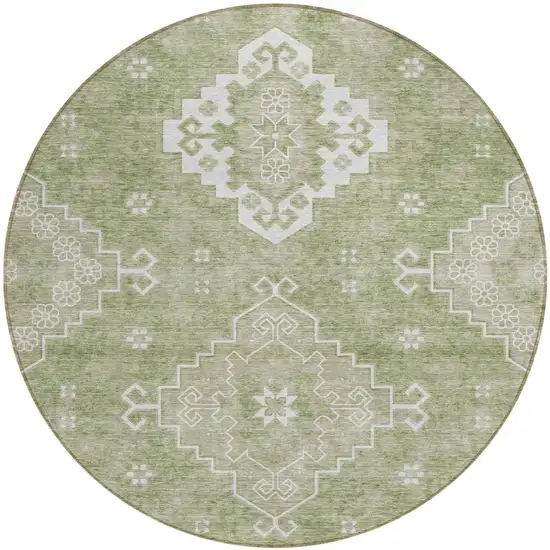 8' Artichoke Green Beige And Ivory Round Medallion Washable Indoor Outdoor Area Rug Photo 2