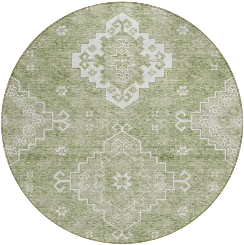 8' Artichoke Green Beige And Ivory Round Medallion Washable Indoor Outdoor Area Rug Photo 2