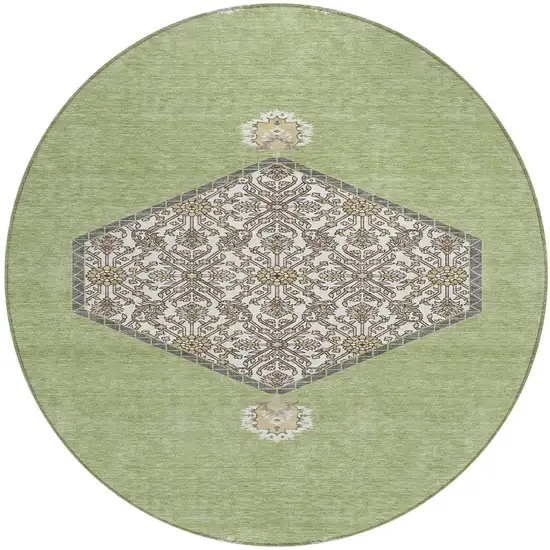 8' Artichoke Green Beige And Ivory Round Oriental Washable Indoor Outdoor Area Rug Photo 6