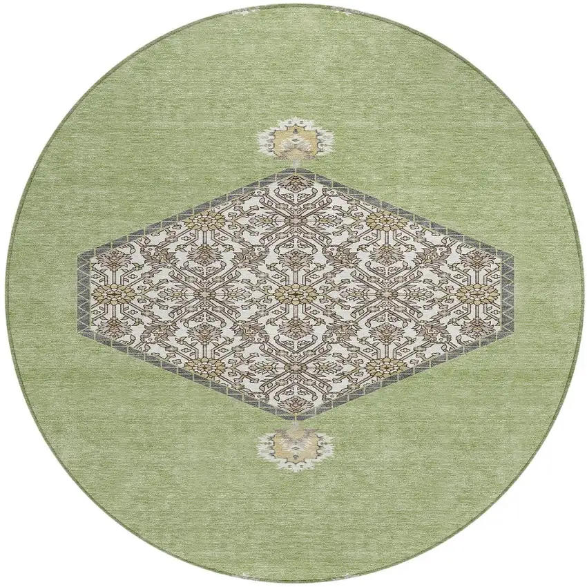 8' Artichoke Green Beige And Ivory Round Oriental Washable Indoor Outdoor Area Rug Photo 6