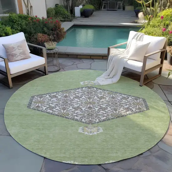 8' Artichoke Green Beige And Ivory Round Oriental Washable Indoor Outdoor Area Rug Photo 7