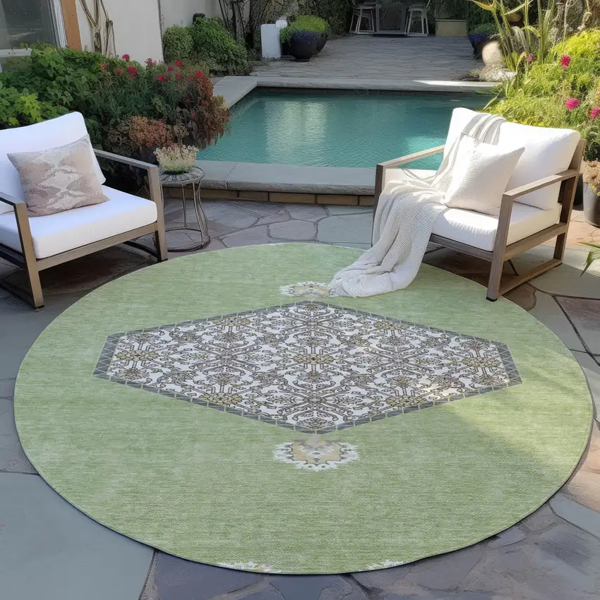8' Artichoke Green Beige And Ivory Round Oriental Washable Indoor Outdoor Area Rug Photo 7