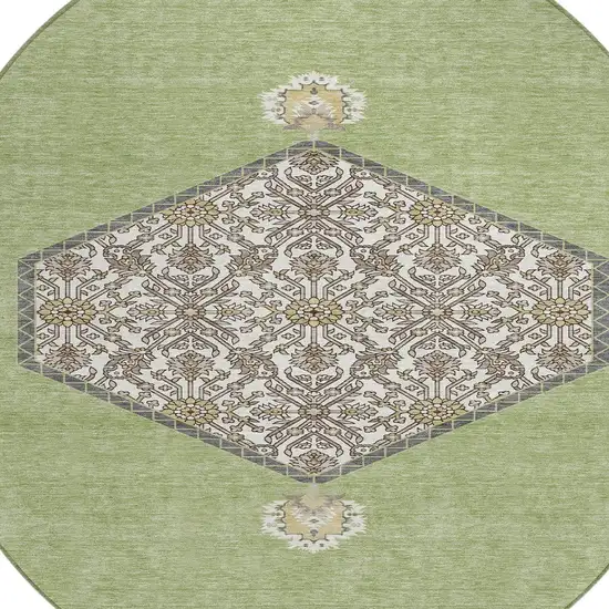 8' Artichoke Green Beige And Ivory Round Oriental Washable Indoor Outdoor Area Rug Photo 5