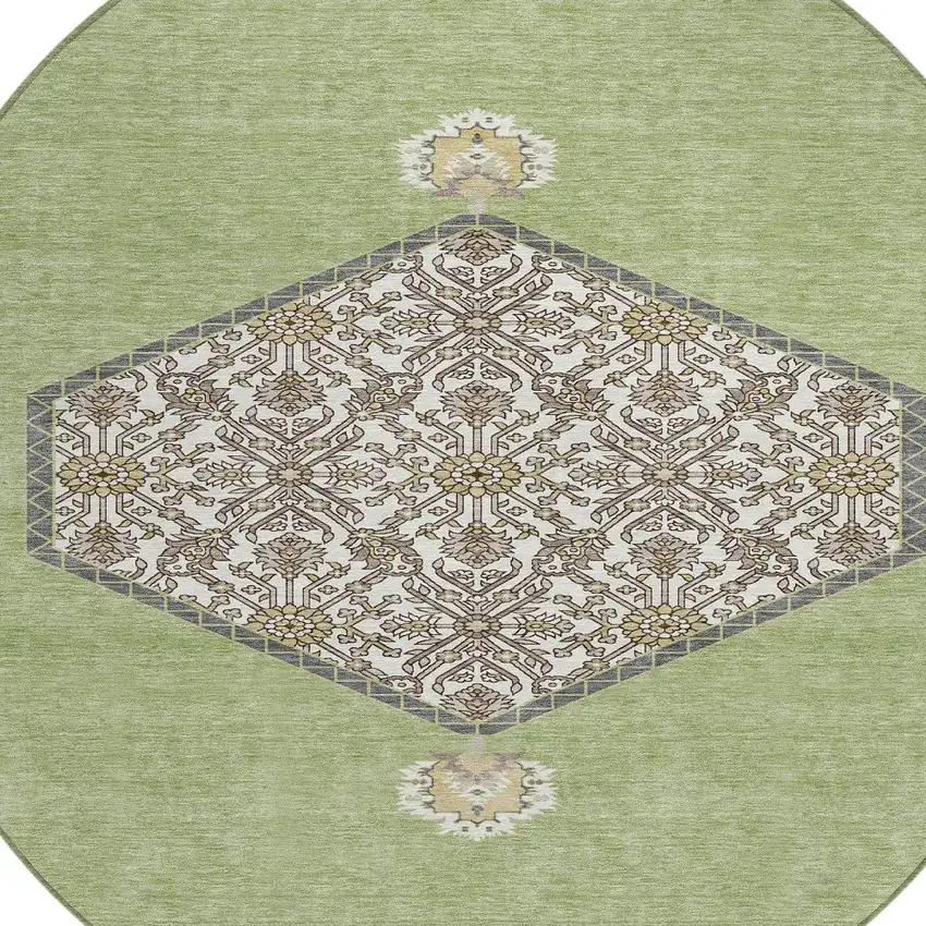 8' Artichoke Green Beige And Ivory Round Oriental Washable Indoor Outdoor Area Rug Photo 5