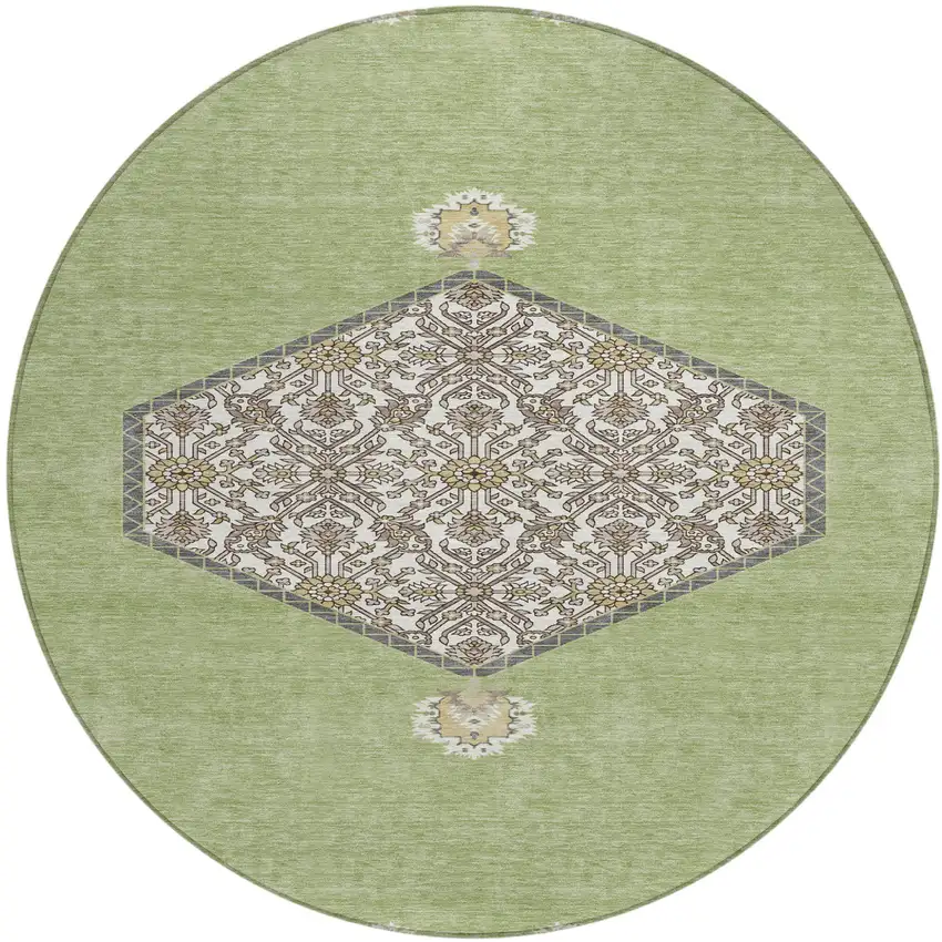8' Artichoke Green Beige And Ivory Round Oriental Washable Indoor Outdoor Area Rug Photo 2
