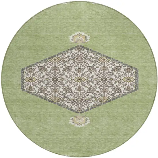 8' Artichoke Green Beige And Ivory Round Oriental Washable Indoor Outdoor Area Rug Photo 2