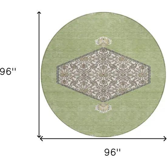 8' Artichoke Green Beige And Ivory Round Oriental Washable Indoor Outdoor Area Rug Photo 3