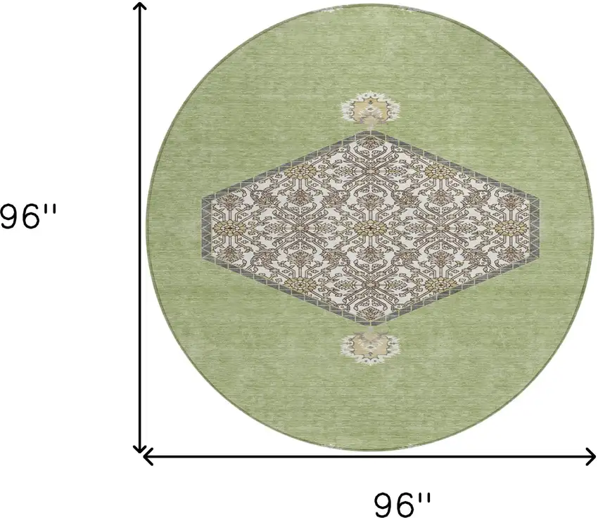 8' Artichoke Green Beige And Ivory Round Oriental Washable Indoor Outdoor Area Rug Photo 3
