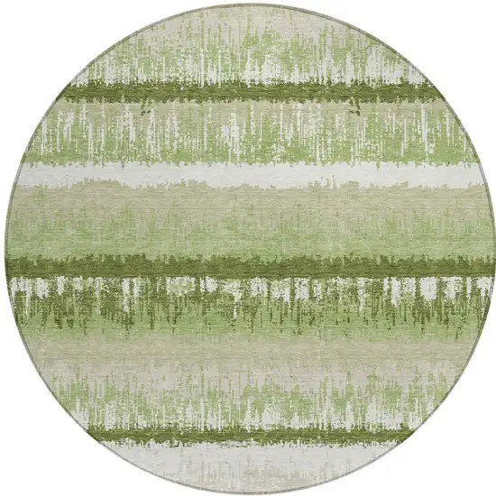 8' Artichoke Green Beige And Ivory Round Striped Washable Indoor Outdoor Area Rug Photo 5