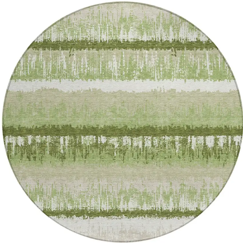 8' Artichoke Green Beige And Ivory Round Striped Washable Indoor Outdoor Area Rug Photo 5