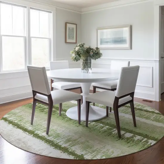 8' Artichoke Green Beige And Ivory Round Striped Washable Indoor Outdoor Area Rug Photo 7