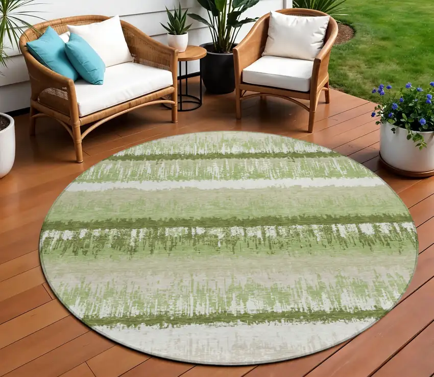 8' Artichoke Green Beige And Ivory Round Striped Washable Indoor Outdoor Area Rug Photo 1