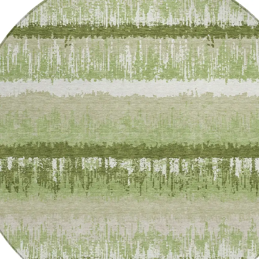 8' Artichoke Green Beige And Ivory Round Striped Washable Indoor Outdoor Area Rug Photo 4