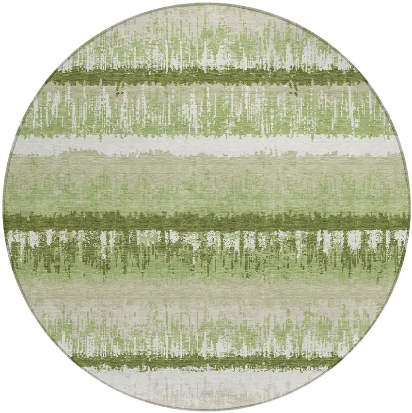 8' Artichoke Green Beige And Ivory Round Striped Washable Indoor Outdoor Area Rug Photo 2