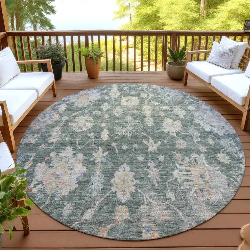 8' Artichoke Green Beige And Rust Round Floral Washable Indoor Outdoor Area Rug Photo 4