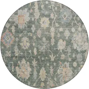 Photo of 8' Artichoke Green Beige And Rust Round Floral Washable Indoor Outdoor Area Rug