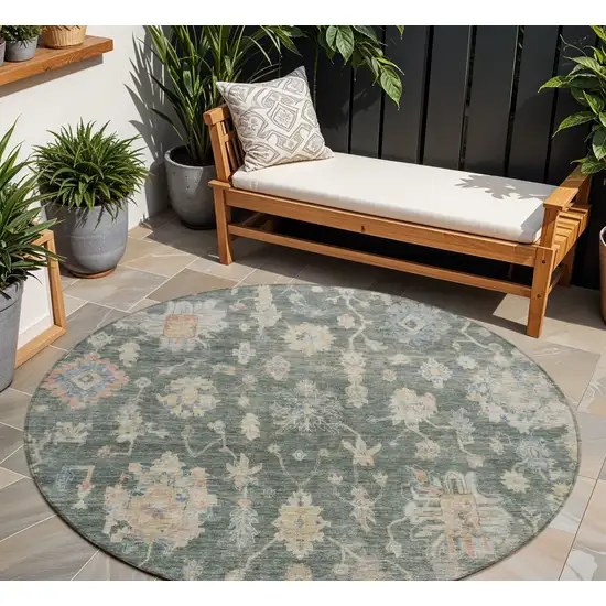 8' Artichoke Green Beige And Rust Round Floral Washable Indoor Outdoor Area Rug Photo 1