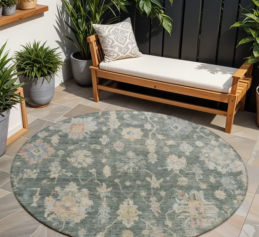 8' Artichoke Green Beige And Rust Round Floral Washable Indoor Outdoor Area Rug Photo 1